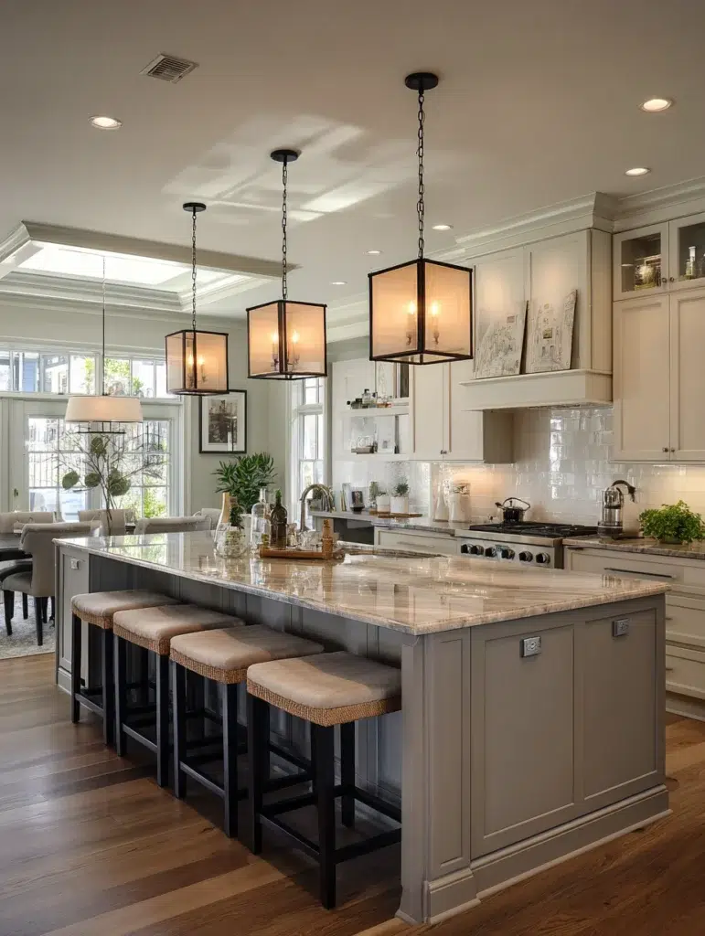 Grey and Beige Kitchen Ideas: Beige Pendant Lights Over Grey Island