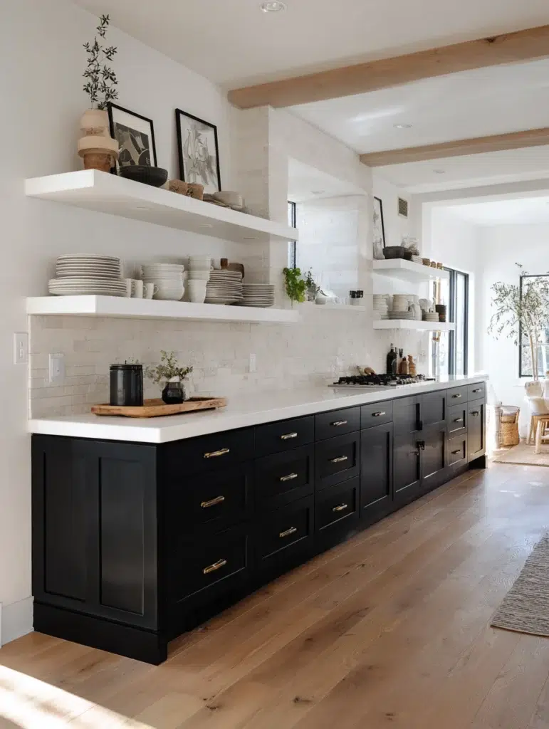 Black and White Kitchen Cabinet Ideas: Black Lower Cabinets with Open White Shelving Above