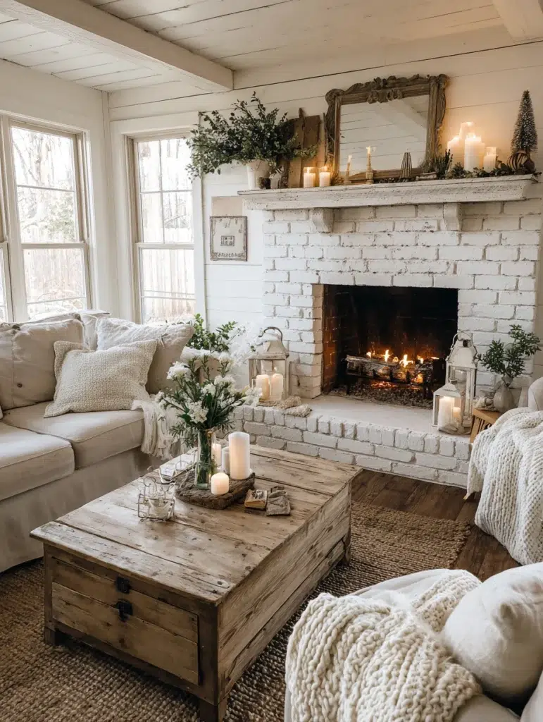 Aesthetic Farmhouse Living Room Ideas: White Brick Fireplace Refresh