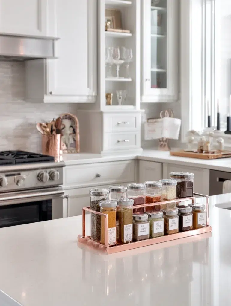 Rose Gold Kitchen Ideas: Rose Gold Spice Rack That Stays on Display