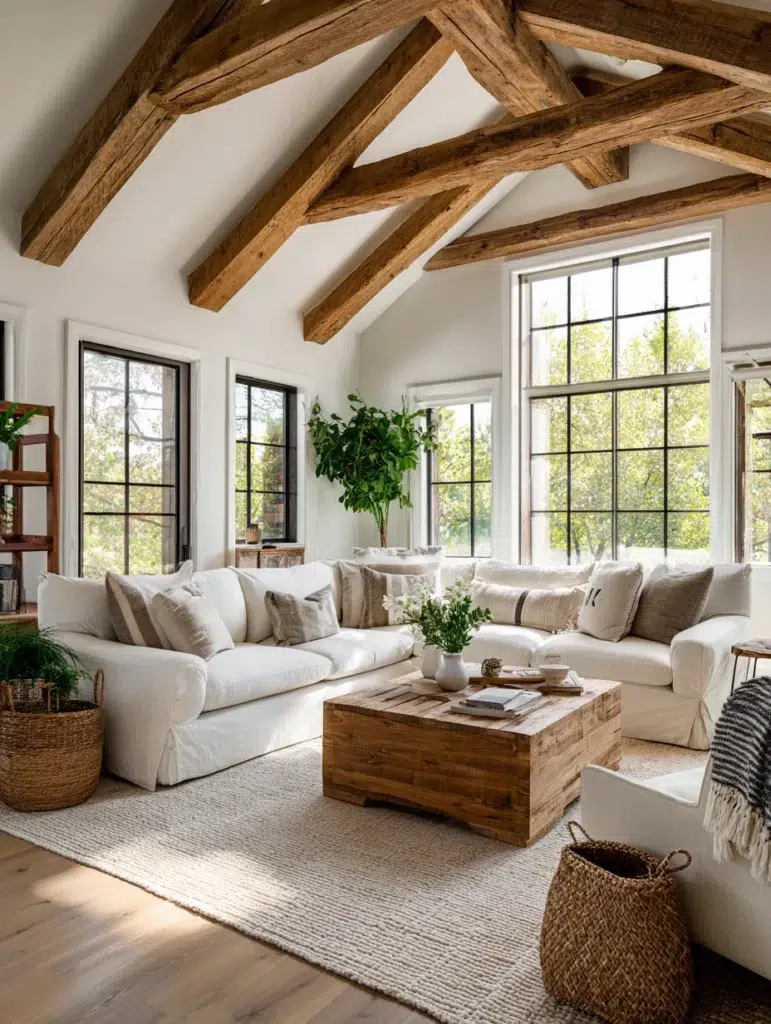 Aesthetic Farmhouse Living Room Ideas: Wooden Beam Ceiling Detail