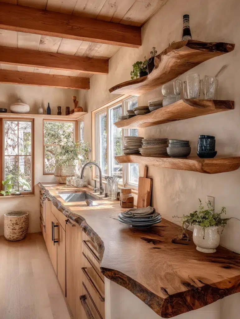 Small Boho Kitchen Ideas: Floating Shelves with Live Edge Wood