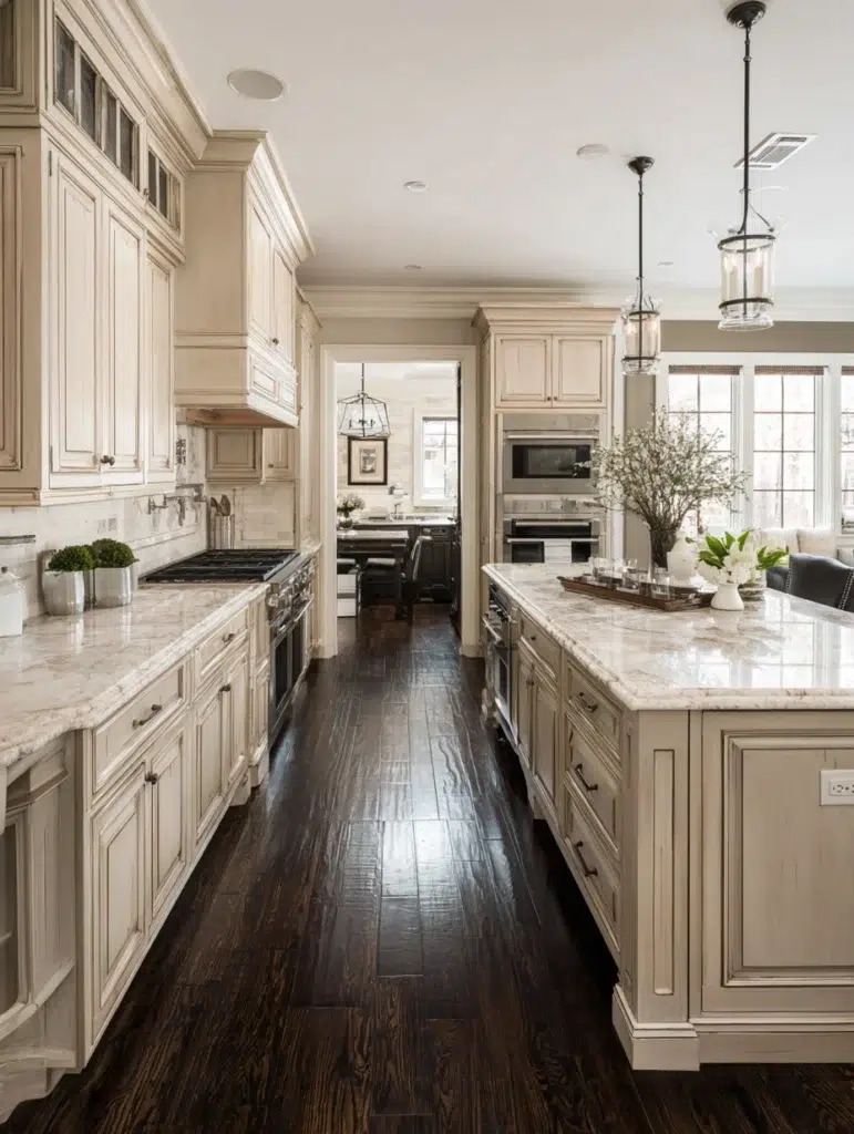 Beige Kitchen Cabinet Ideas: Beige Cabinets with Dark Wood Floors