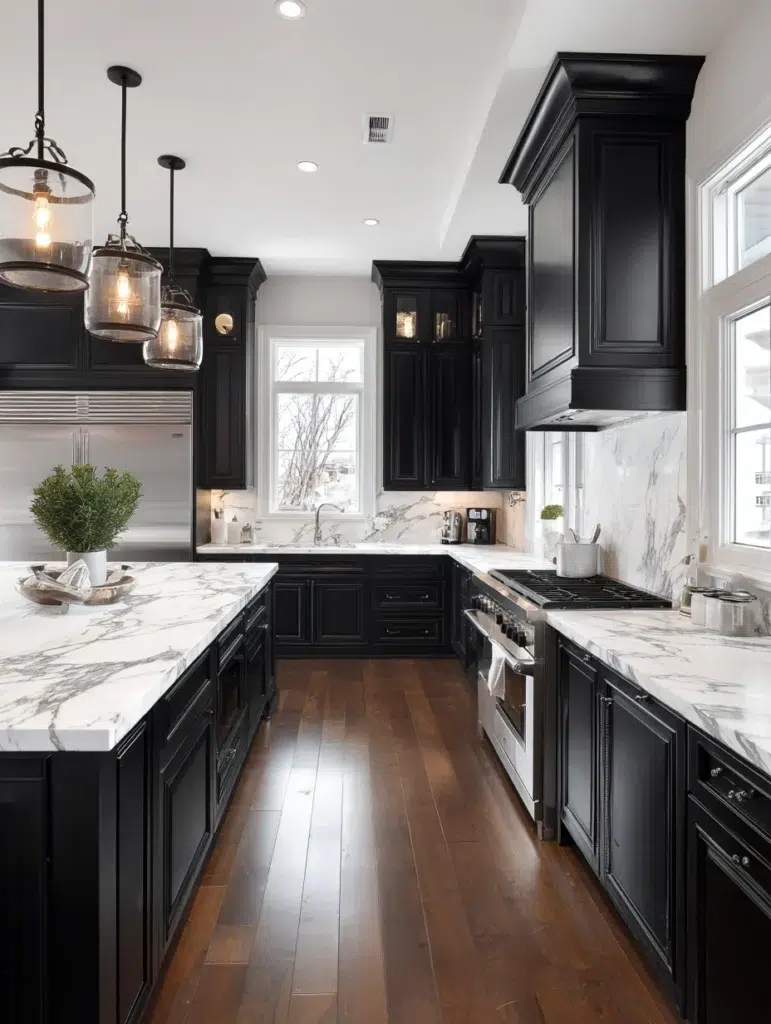 Black and White Kitchen Cabinet Ideas: Black Cabinets with White Marble Veining