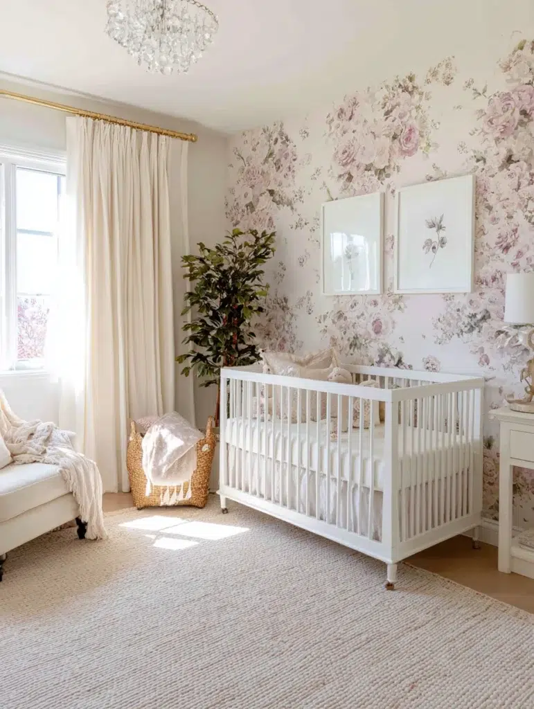 Elegant French Nursery Ideas: Floral Wallpaper Accent