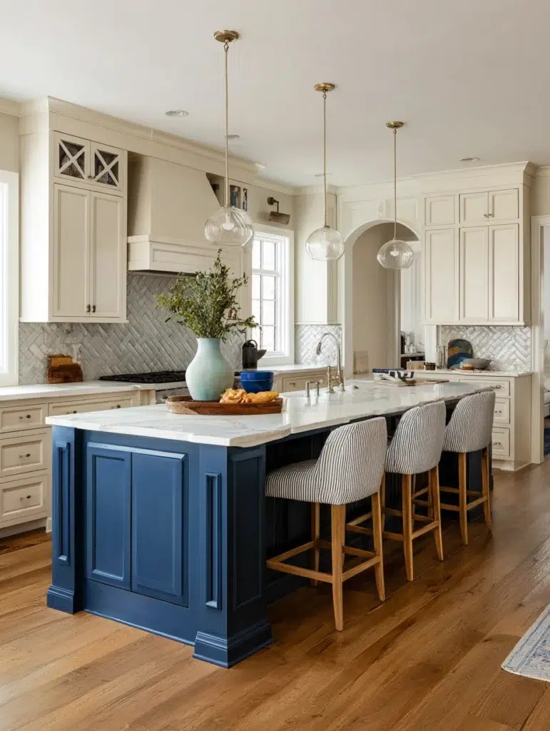 Beige Kitchen Cabinet Ideas: Beige Cabinets with Colorful Kitchen Islands