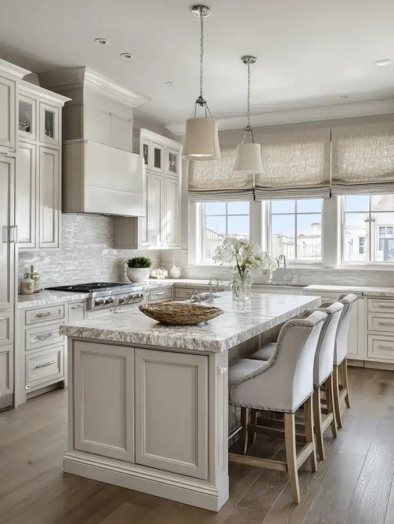 Grey and Beige Kitchen Ideas: Beige Window Treatments with Grey Roman Shade Lining