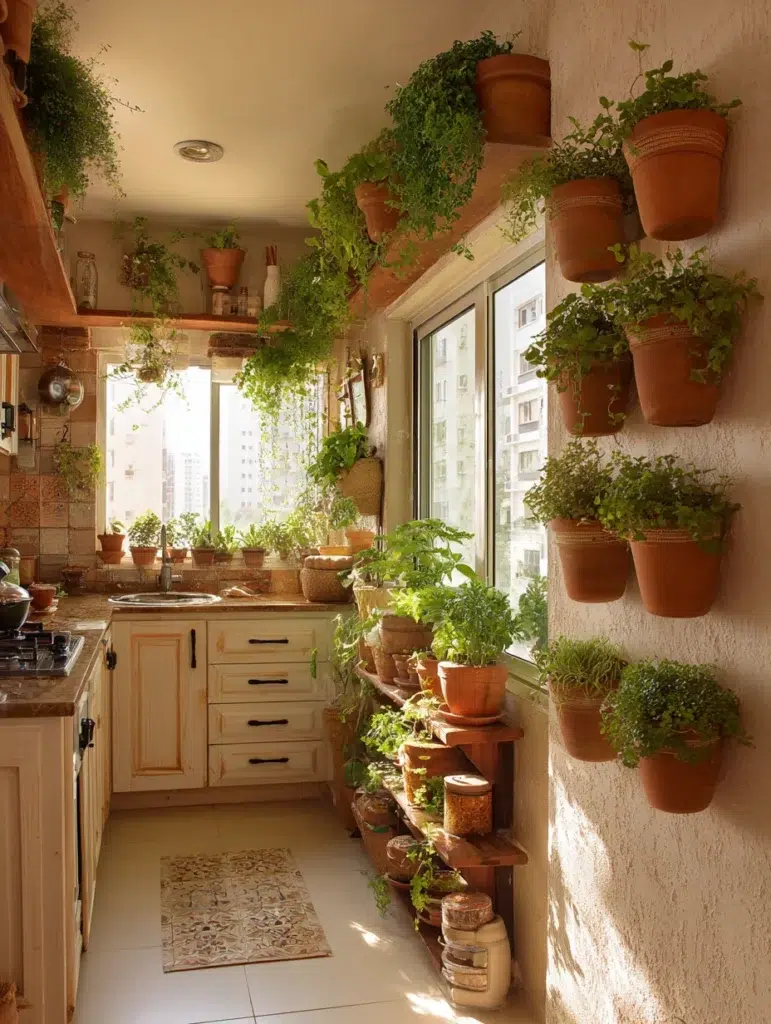Small Boho Kitchen Ideas: Clay Pot Hanging Planters