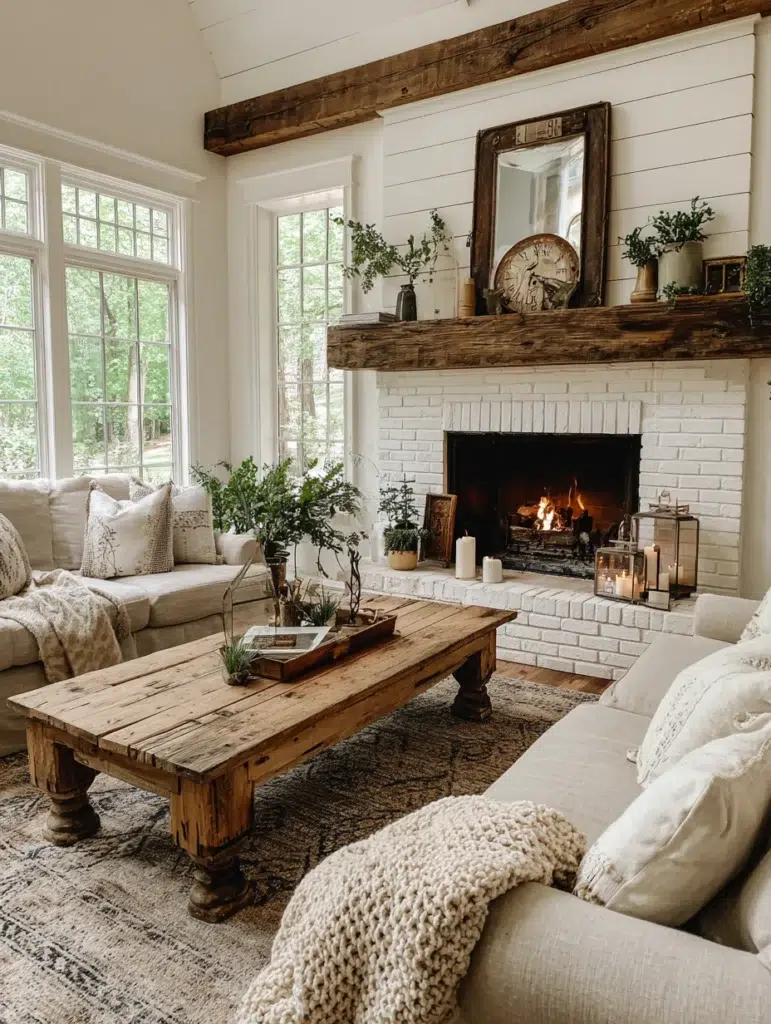 Aesthetic Farmhouse Living Room Ideas: Rustic Wood Mantel Styling