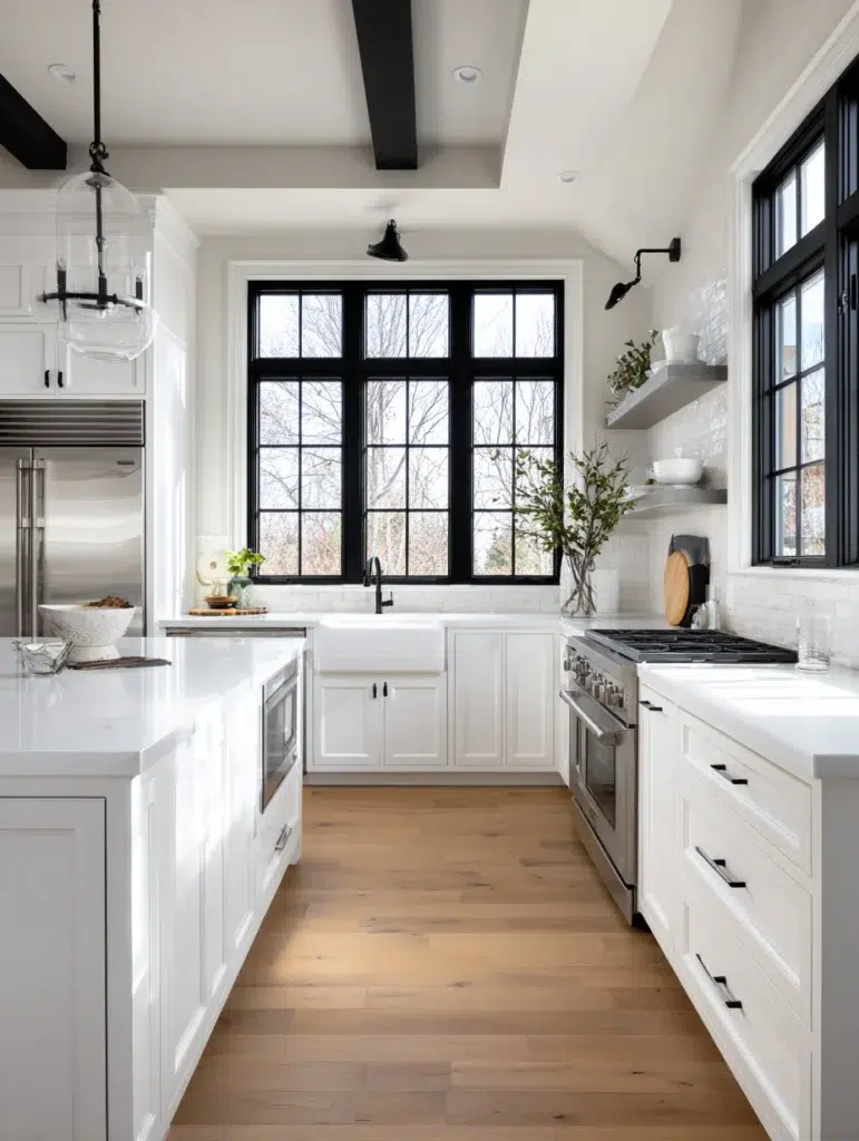 Black and White Kitchen Cabinet Ideas: White Cabinets with Black Window Frames