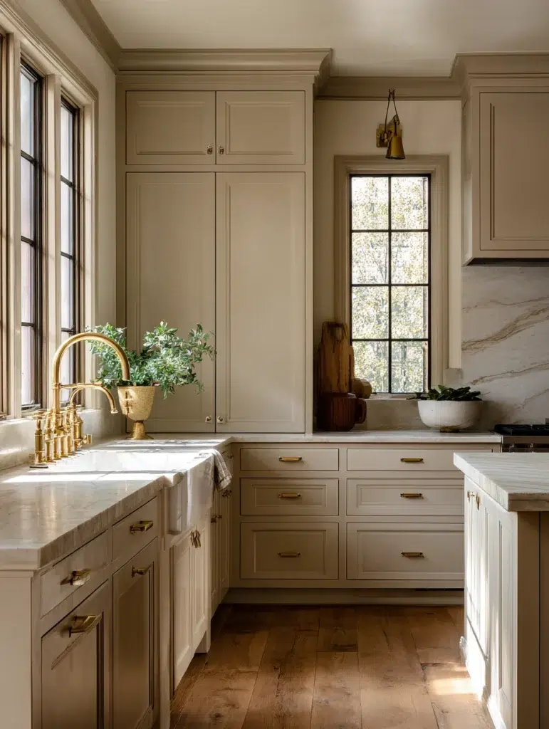 Beige Kitchen Cabinet Ideas: Beige Cabinets with Brass Hardware