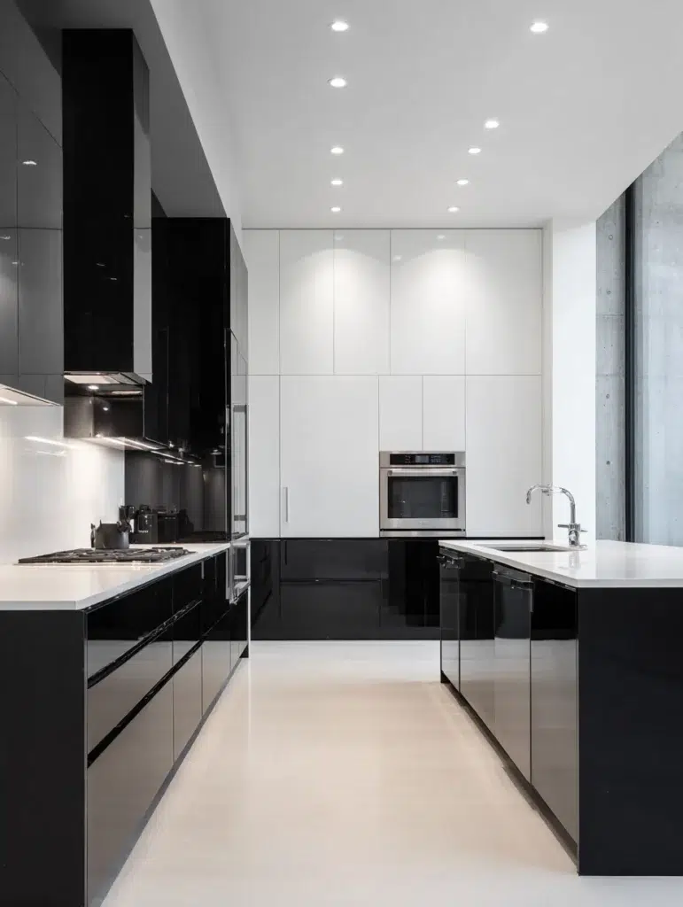Black and White Kitchen Cabinet Ideas: Black Slab-Front Modern Cabinets with White Walls