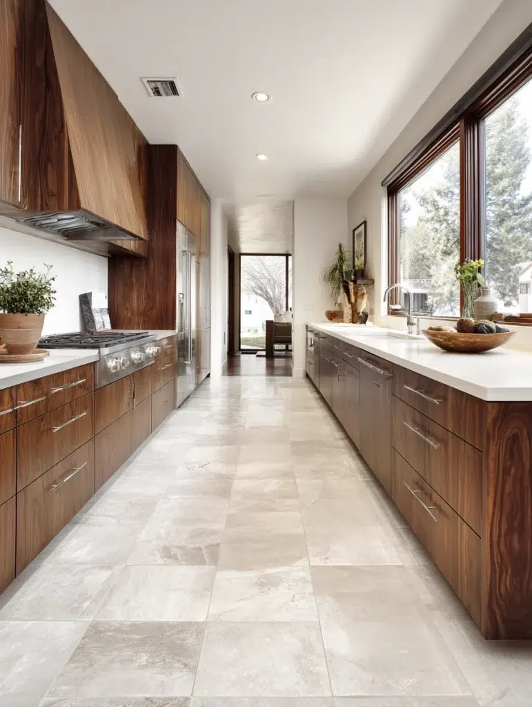 Dark Brown Kitchen Cabinet Ideas: Install Large Format Tile Flooring
