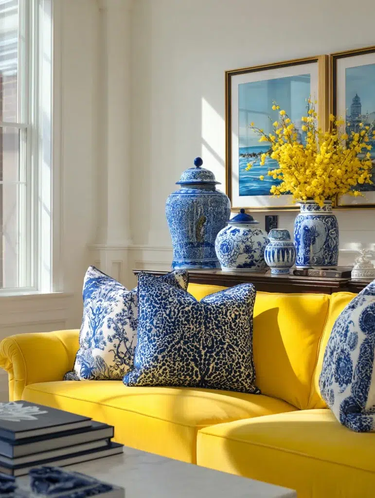 Yellow Couch Living Room Ideas: Bring in Mediterranean Blue and White