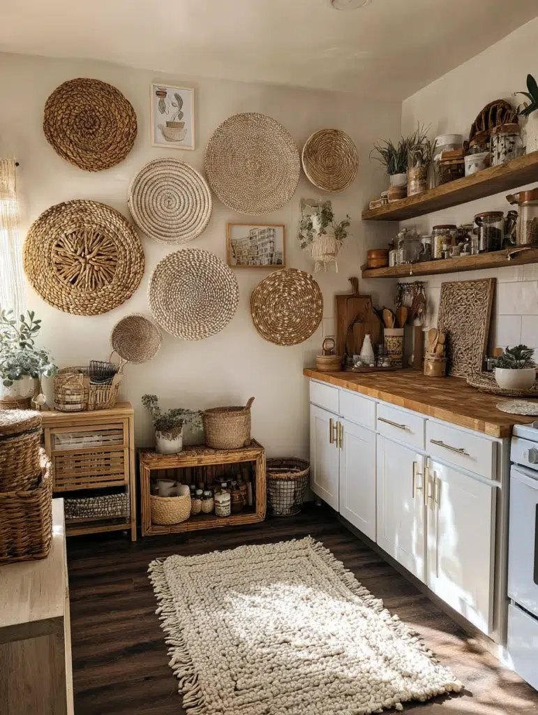 Small Boho Kitchen Ideas: Woven Placemats as Wall Art