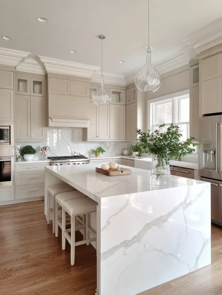 Beige Kitchen Cabinet Ideas: Beige Cabinets with White Quartz Countertops