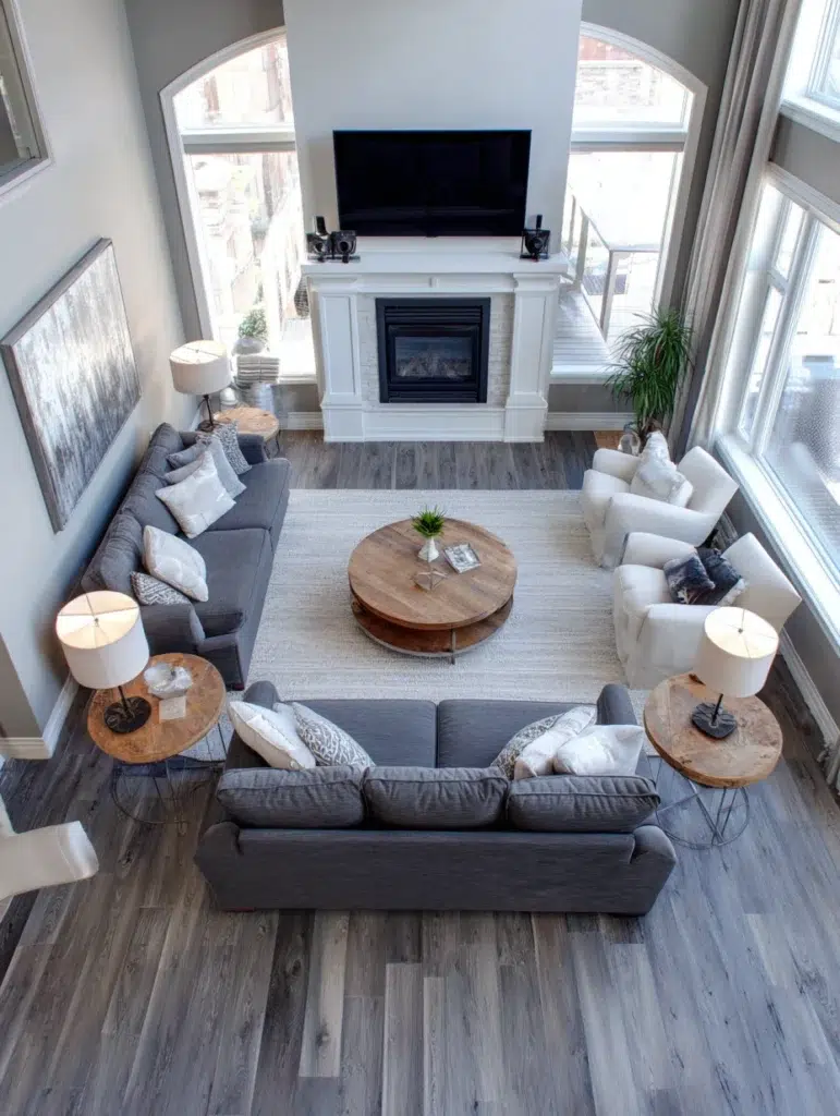 Grey Flooring Living Room Ideas: Create Symmetry With Balanced Furniture Placement