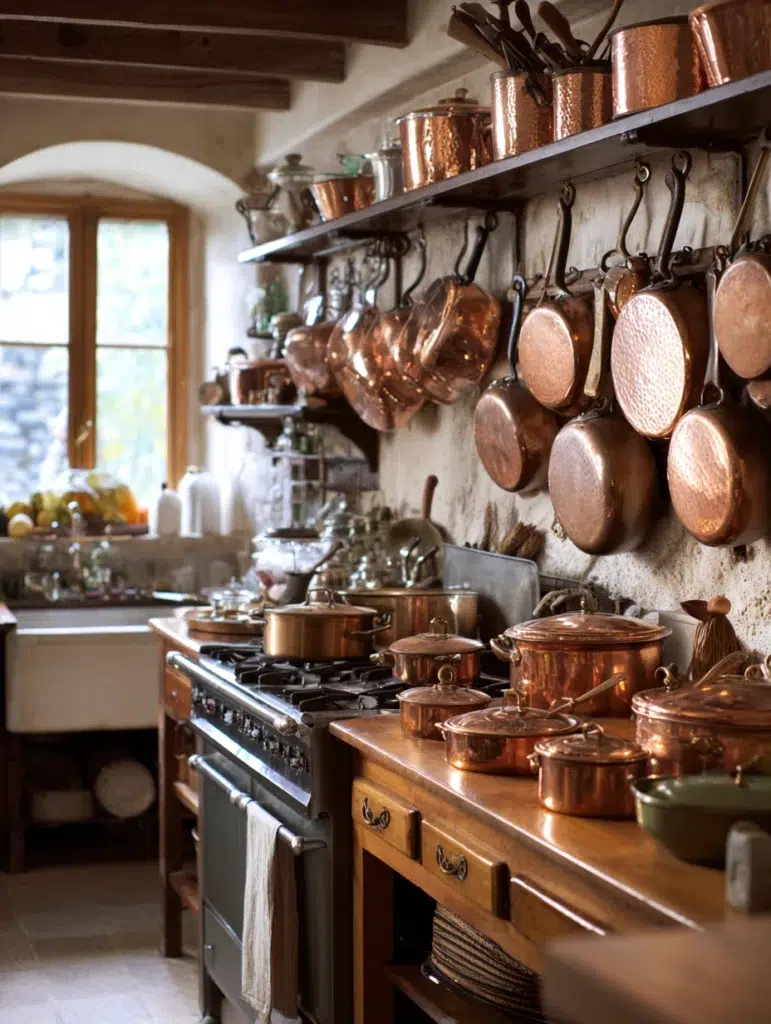 Small Boho Kitchen Ideas: Open Pot Rack with Hanging Copper Pots