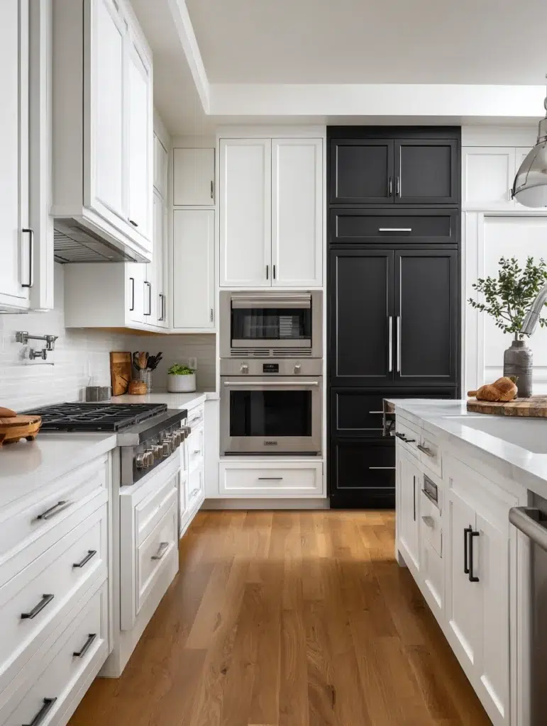 Black and White Kitchen Cabinet Ideas: White Upper Cabinets with Black Appliance Garage