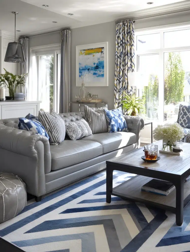 Grey Flooring Living Room Ideas: Add Movement With Striped or Geometric Patterns