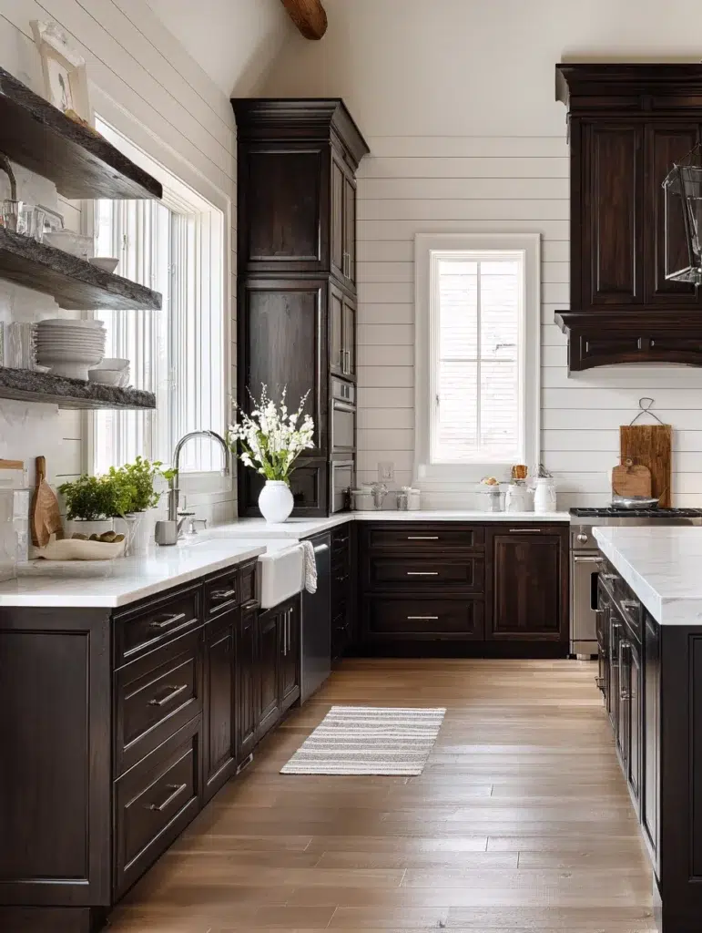Dark Brown Kitchen Cabinet Ideas: Add Texture With Shiplap Walls