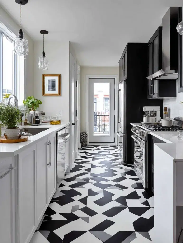 Black and White Kitchen Cabinet Ideas: Black and White Geometric Tile with Coordinating Cabinets