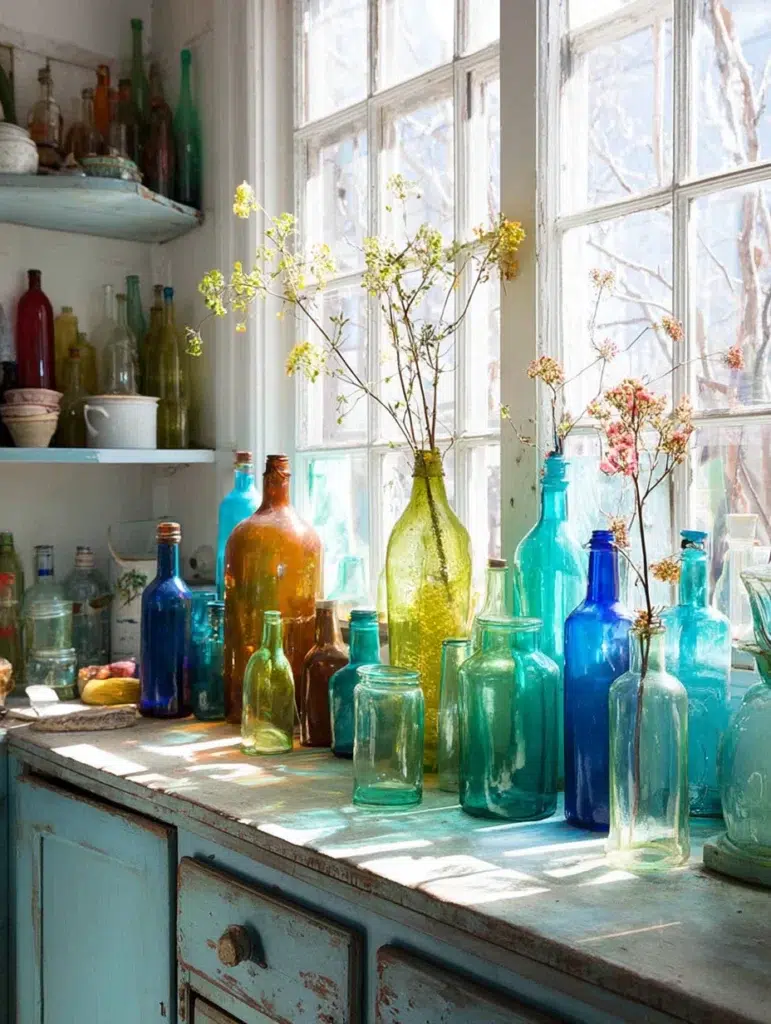 Small Boho Kitchen Ideas: Colorful Glass Bottles as Vases
