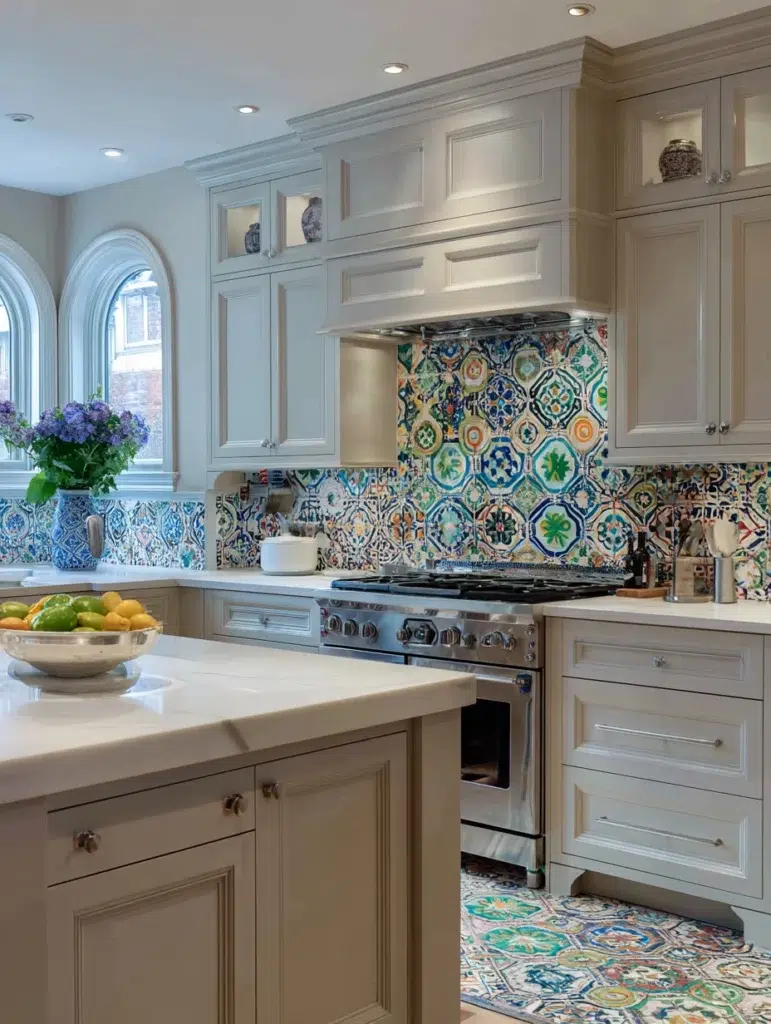 Beige Kitchen Cabinet Ideas: Beige Cabinets with Patterned Tile Backsplash