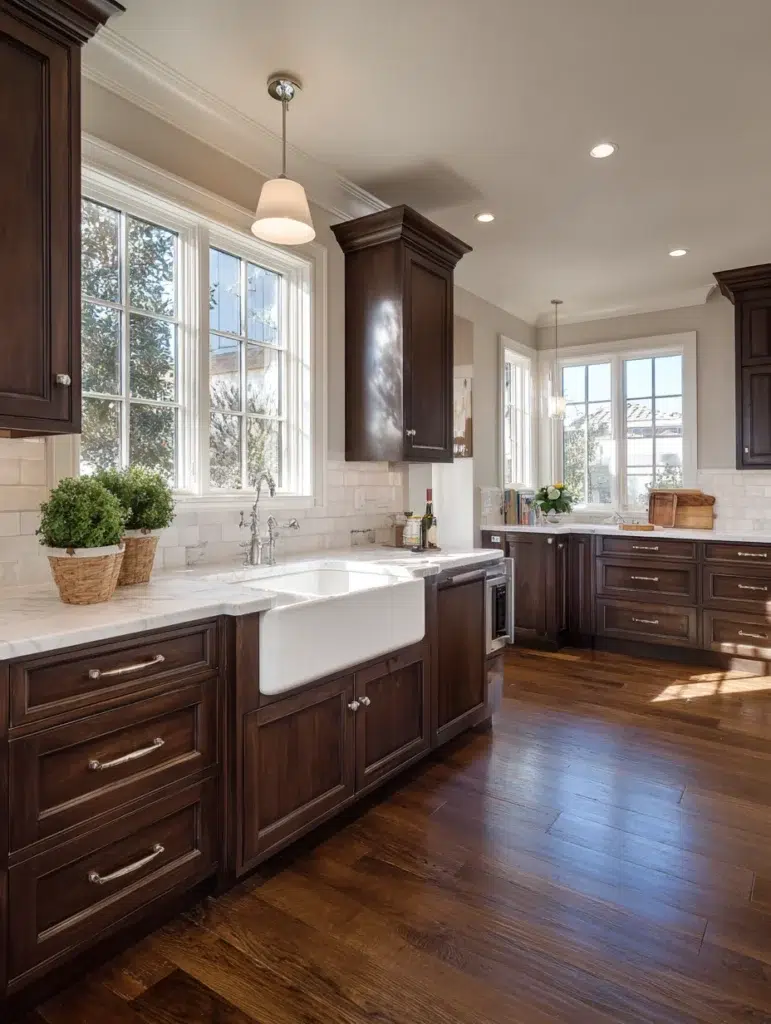 Dark Brown Kitchen Cabinet Ideas: Incorporate a Farmhouse Sink
