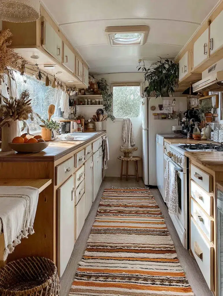 Small Boho Kitchen Ideas: Striped Cotton Runner on Counters