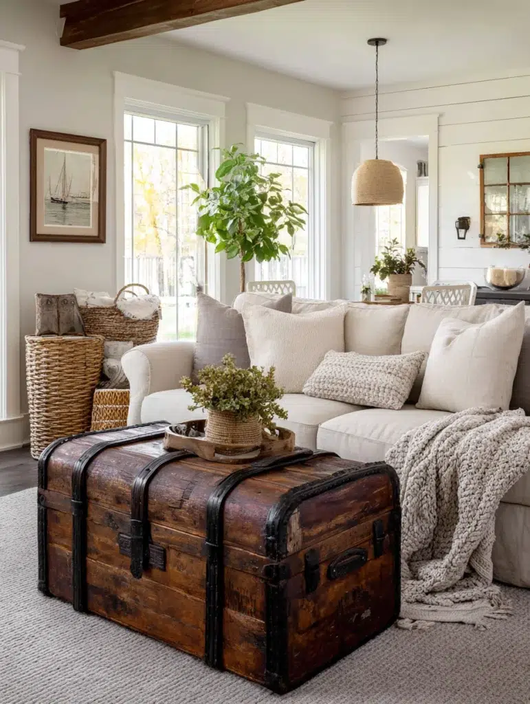 Aesthetic Farmhouse Living Room Ideas: Vintage Trunk Storage and Display