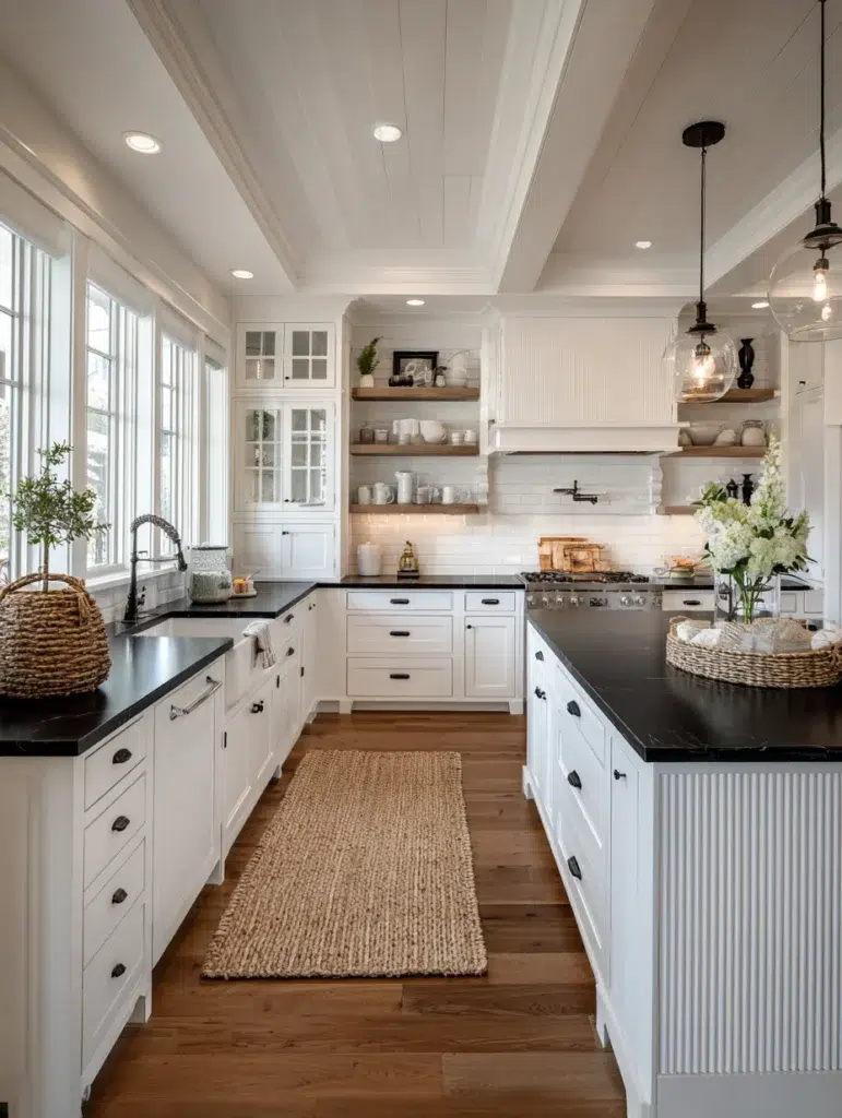 Black and White Kitchen Cabinet Ideas: White Beadboard Cabinets with Black Countertops