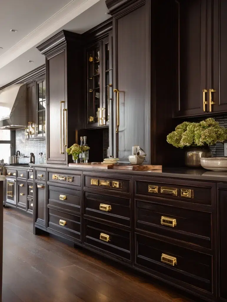 Dark Brown Kitchen Cabinet Ideas: Add Brass Hardware for Warmth