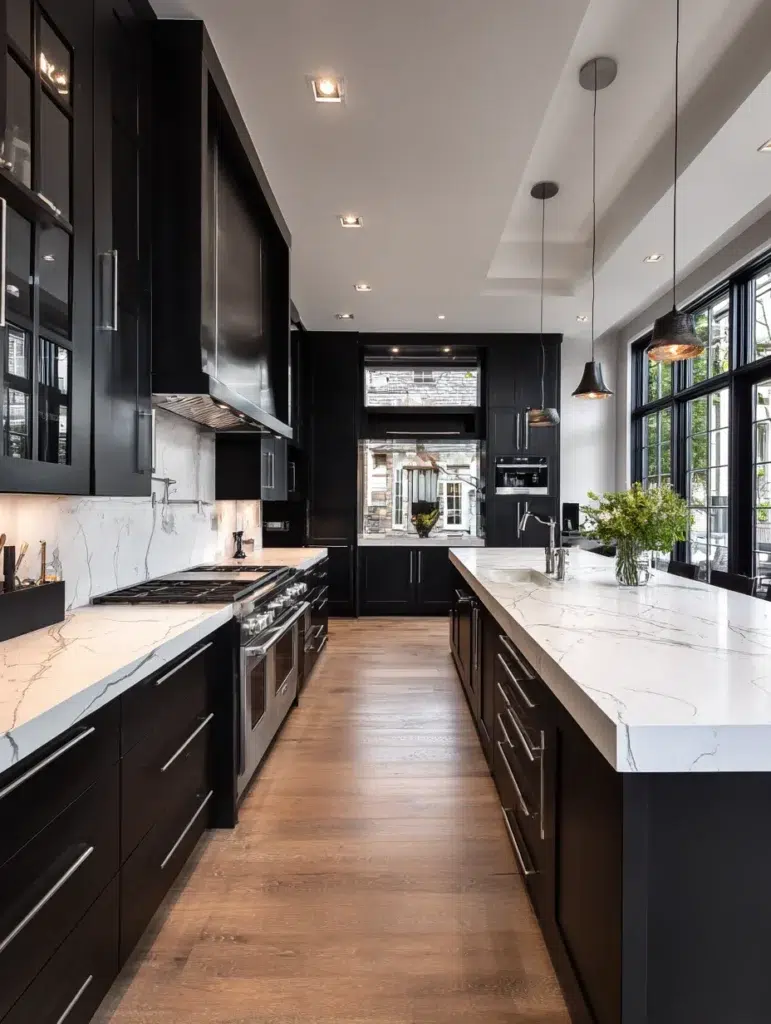 Black and White Kitchen Cabinet Ideas: All-Black Cabinets with White Countertops