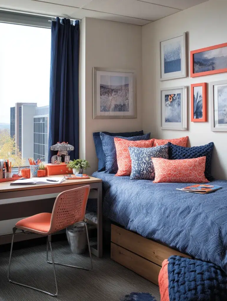 Dorm Room Color Ideas: Navy Blue with Coral Accents