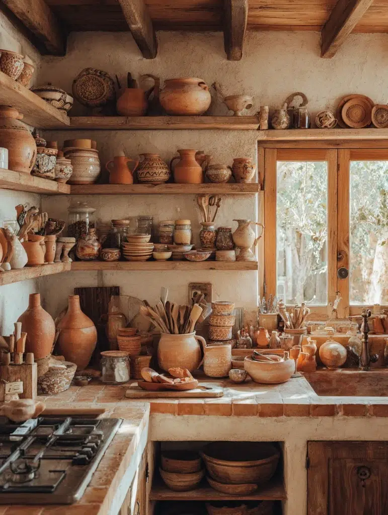 Small Boho Kitchen Ideas: Terracotta Pot Organization