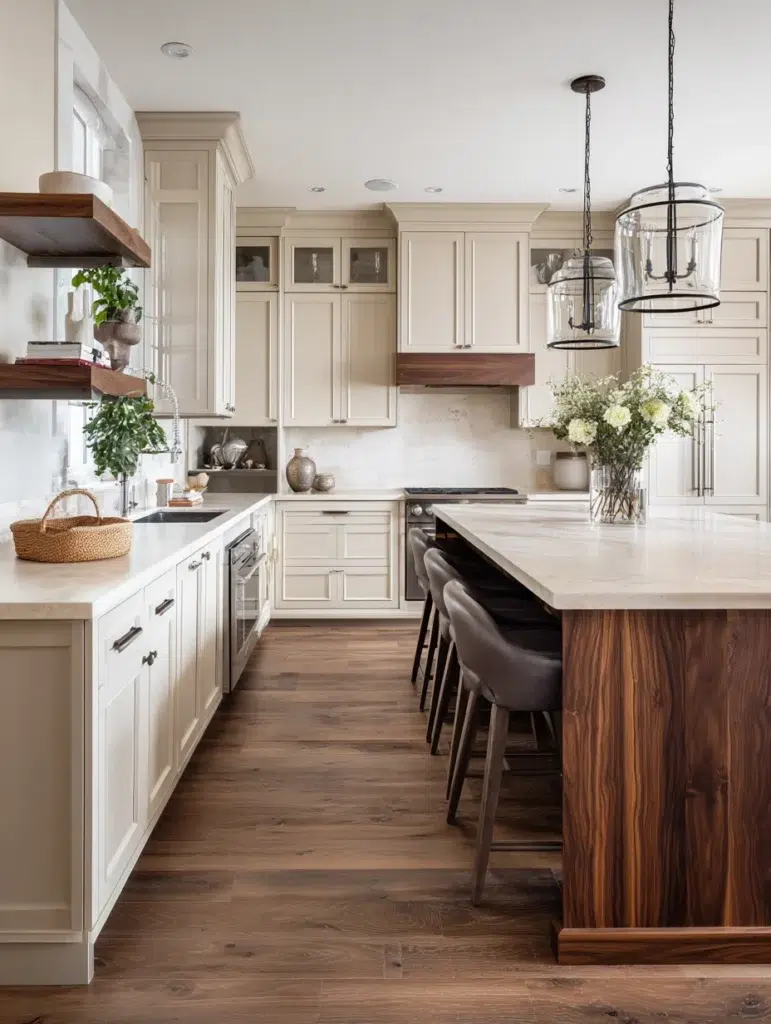 Beige Kitchen Cabinet Ideas: Beige Cabinets with Walnut Accents