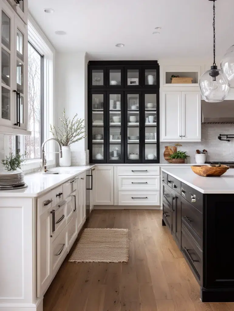 Black and White Kitchen Cabinet Ideas: Black Frame Glass Cabinet Doors on White Cabinets