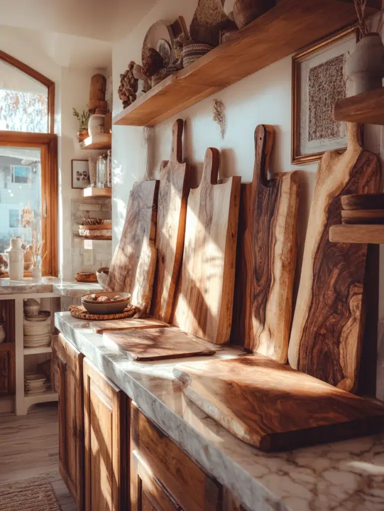 Small Boho Kitchen Ideas: Wooden Cutting Board Display