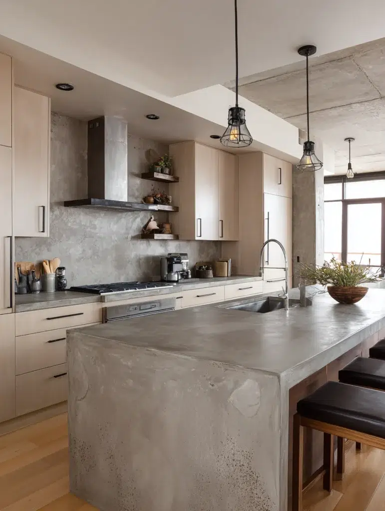 Beige Kitchen Cabinet Ideas: Beige Cabinets with Concrete Countertops