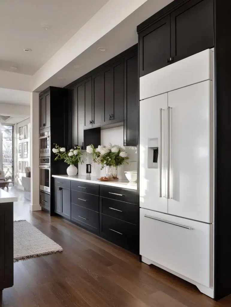 Black and White Kitchen Cabinet Ideas: Black Cabinets with White Integrated Appliances