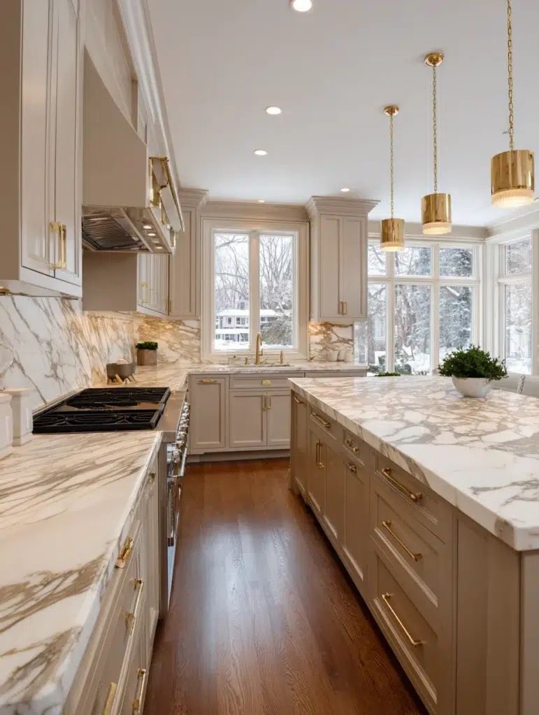 Beige Kitchen Cabinet Ideas: Beige Cabinets with Marble Countertops