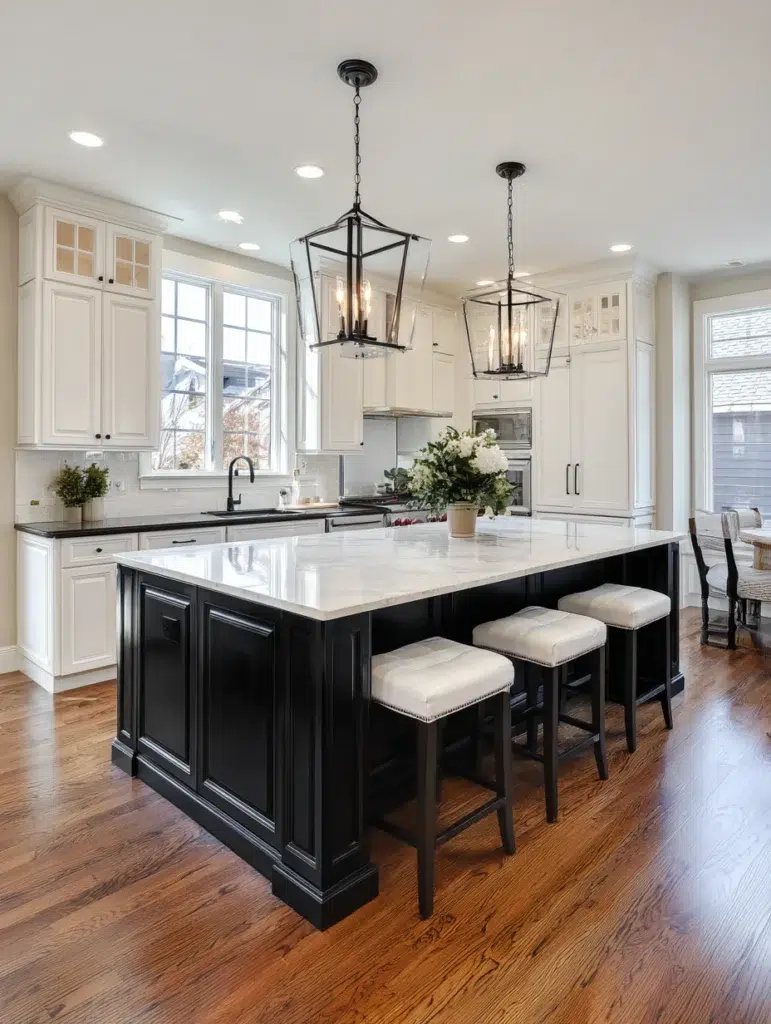 Black and White Kitchen Cabinet Ideas: Black Island with White Perimeter Cabinets
