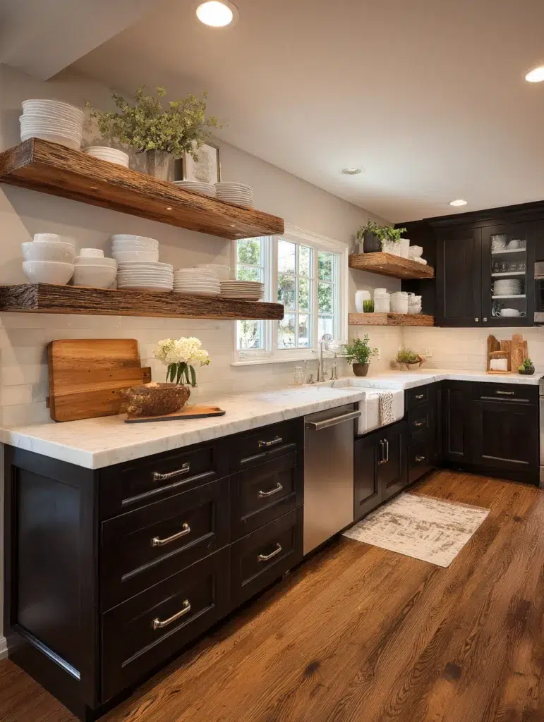 Dark Brown Kitchen Cabinet Ideas: Install Open Shelving for Balance