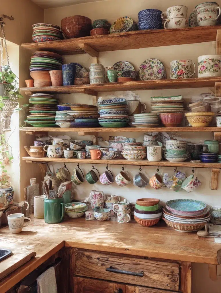 Small Boho Kitchen Ideas: Open Shelving with Mismatched Dishes