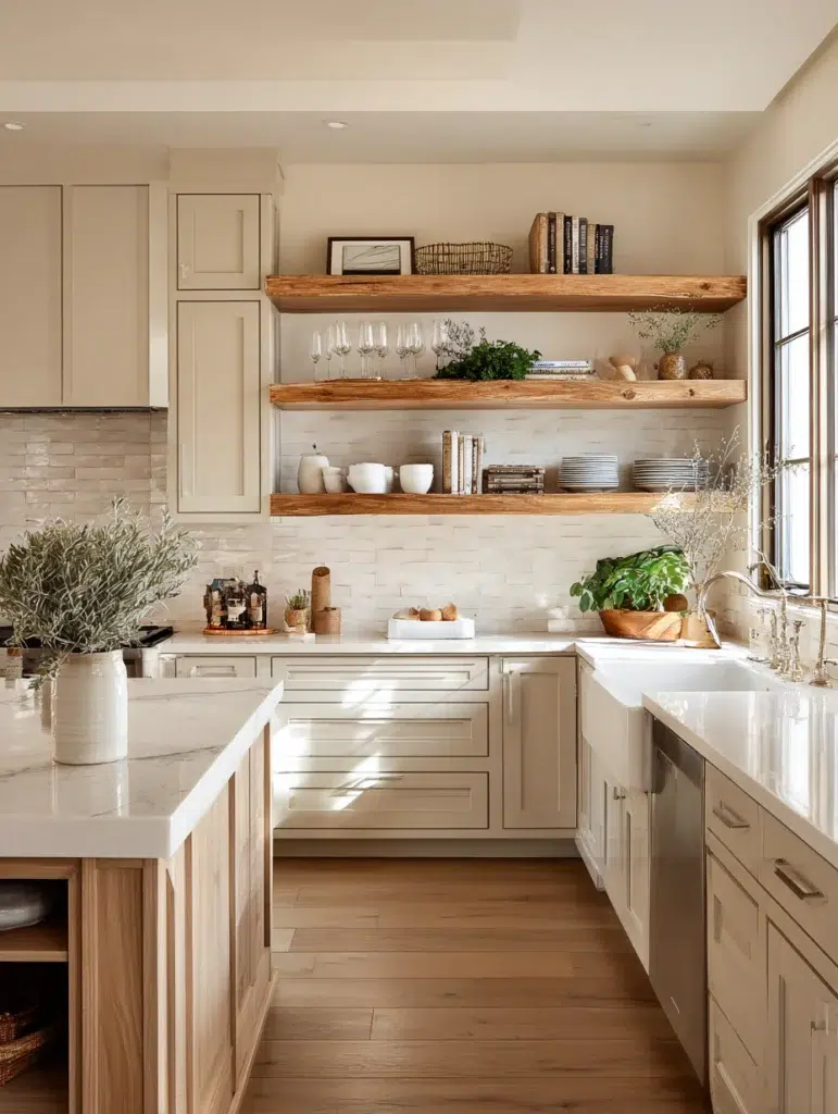 Beige Kitchen Cabinet Ideas: Open Shelving Mixed with Beige Cabinets