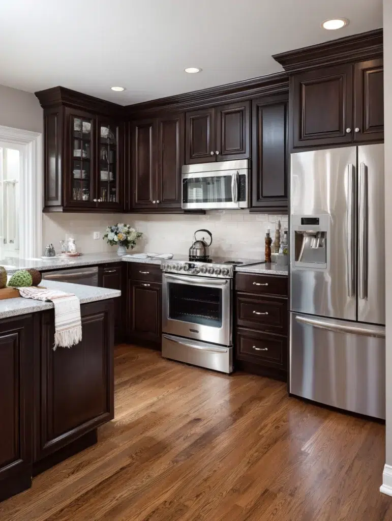 Dark Brown Kitchen Cabinet Ideas: Choose Stainless Steel Appliances