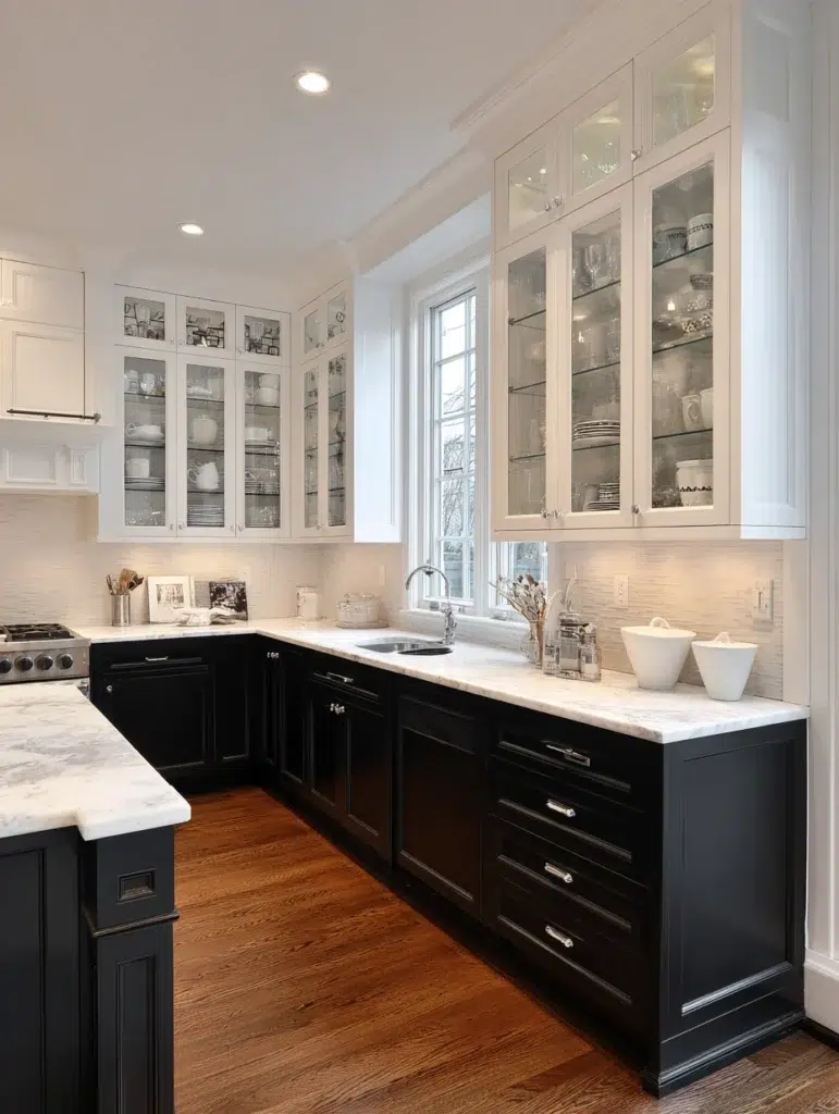 Black and White Kitchen Cabinet Ideas: Glass-Front Upper Cabinets in White with Black Lowers