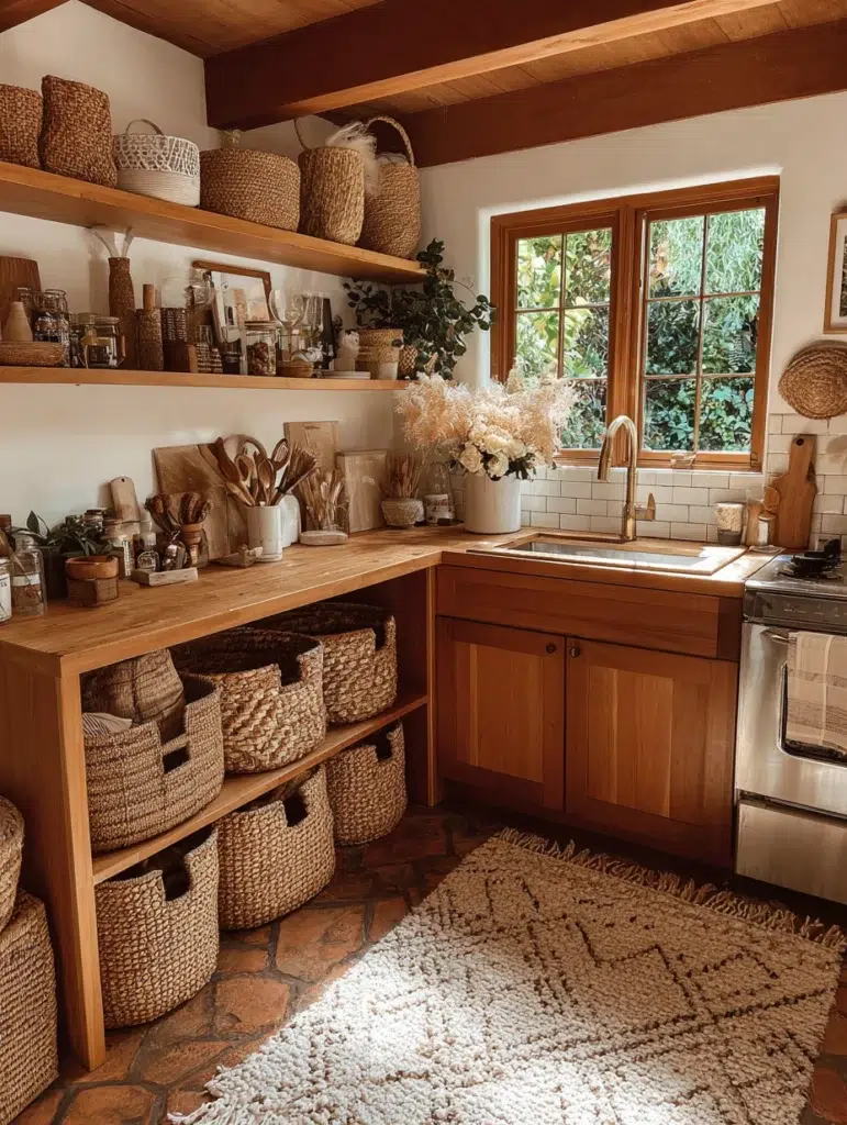 Small Boho Kitchen Ideas: Woven Basket Storage Under Counters
