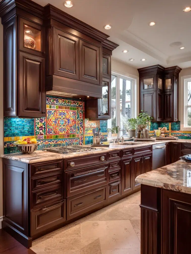 Dark Brown Kitchen Cabinet Ideas: Add a Colorful Backsplash